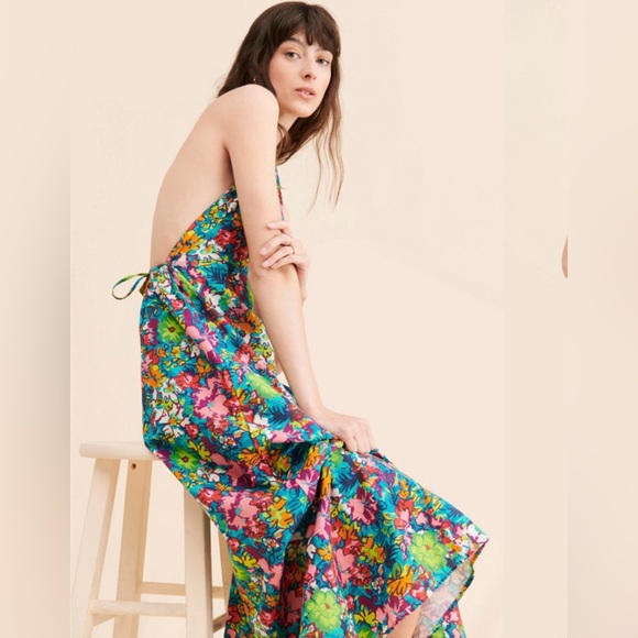 Free People Nouveau Tropic Plunging Halter Neck Linen Blend Bare Back Maxi ZB2 - Picture 2 of 13